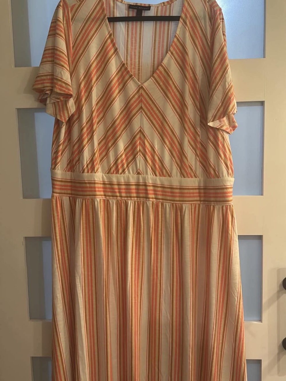 Lane Bryant Striped V-Neck Maxi Dress in coral/Peach, brown and Cream